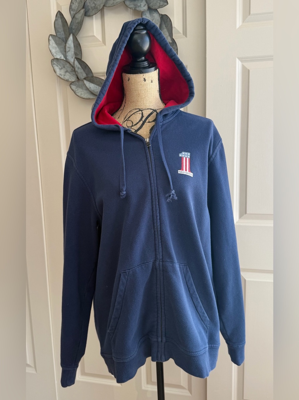 992: Harley-Davidson Navy Zip Hoodie with Red Hood Lining - Large